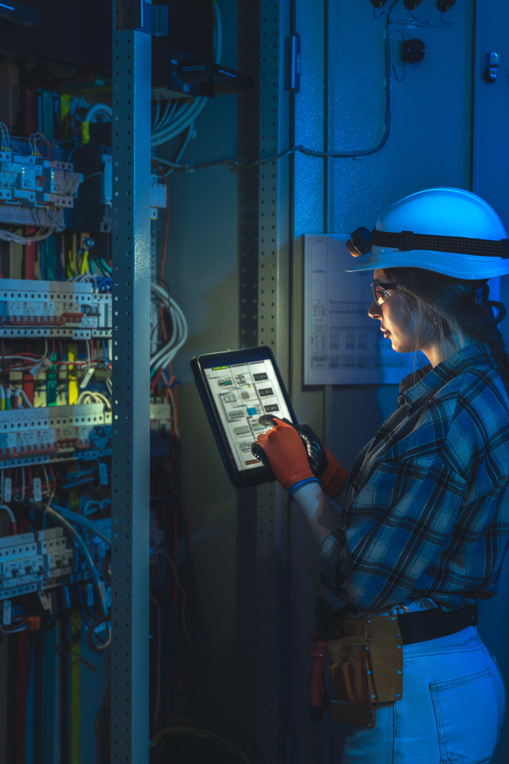 Woman electrician in safety glasses stands by switchgear and studies documentation on a tablet screen. Cool blue lighting suggests high tech automation, industry 4.0 and precise control.